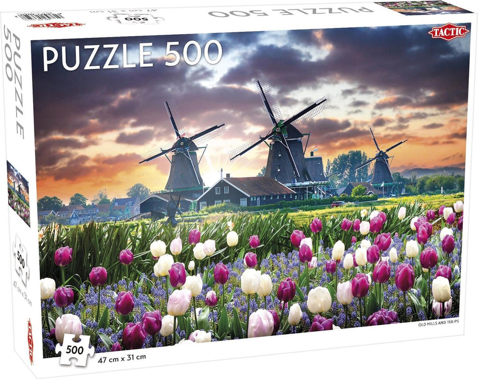 Puzzel Landscape: Old Mills and Tulips - 500 stukjes